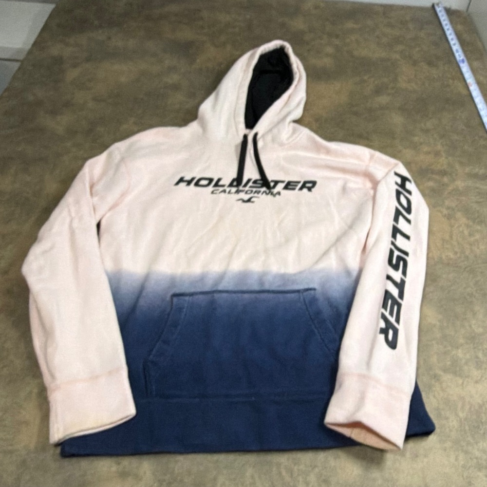 Hollister Hoodie Mens Medium Pink Blue Ombre Dip Dye Logo Sleeve Graphic